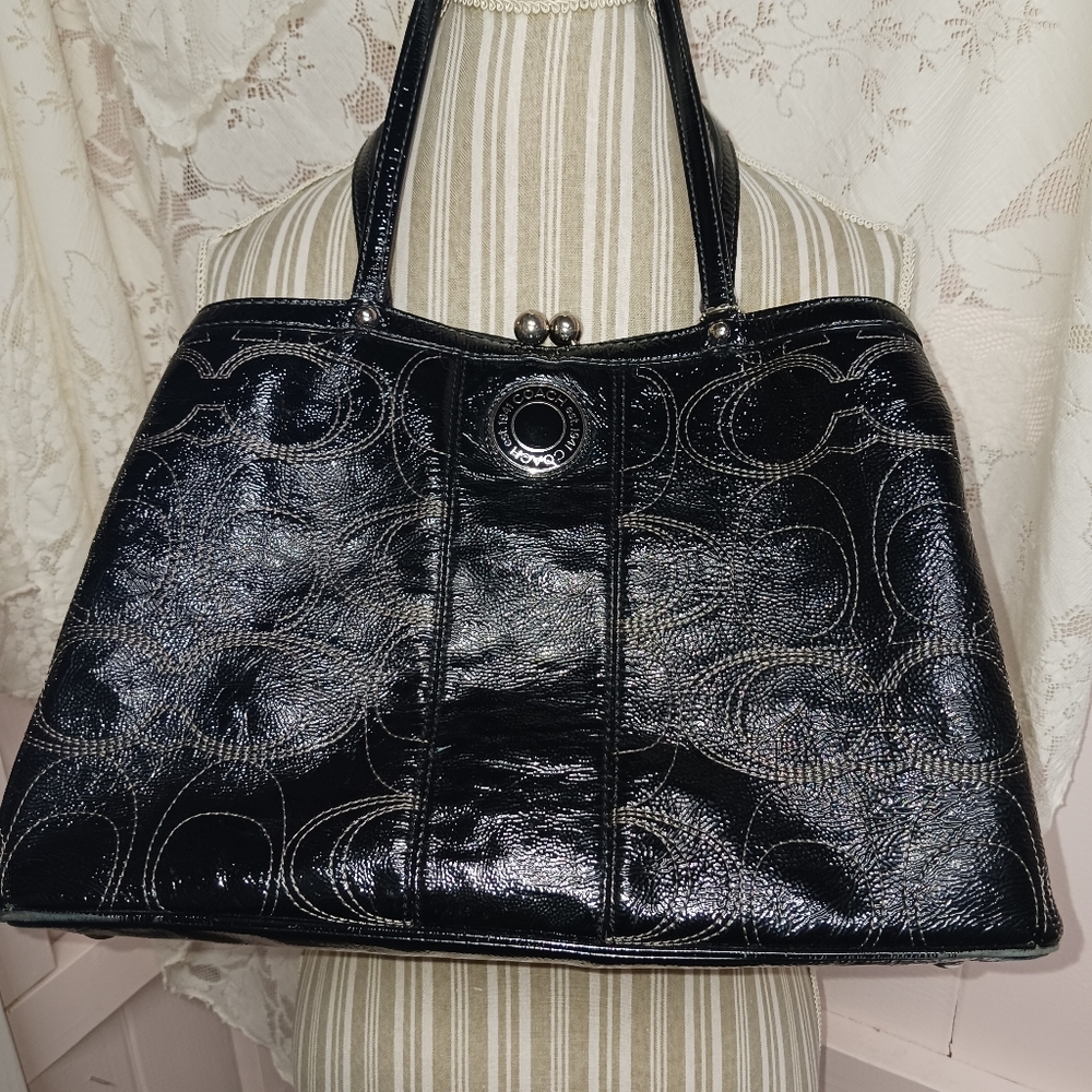 Authentic Black Patent Leather COACH Signature Large Shoulder Bag